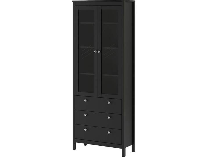 Vitrine HOME AFFAIRE Madrid, Glasvitrine Vitrinenschrank Ausstellung Sammelvitrine , schwarz (schwarz matt), B:78cm H:199cm T:32,5cm, Holzwerkstoff, Schränke, Vitrine, mit 2 Glastüren und 3 Schubladen, Breite 78 cm