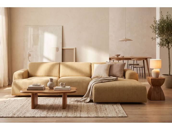 Ecksofa, Chenille, Gelb (Mustard) 301×163 cm, Recamiere Rechts, Skandinavisch, andas