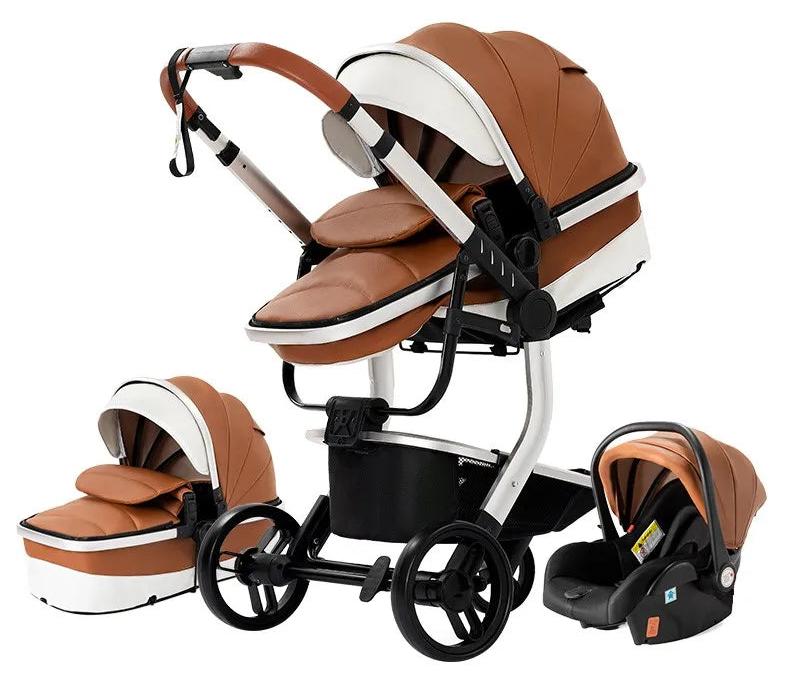 Kinderwagen 3-in-1 - Klappbarer Kinderwagen mit Kunstlederbezug und Autositz - Khaki
