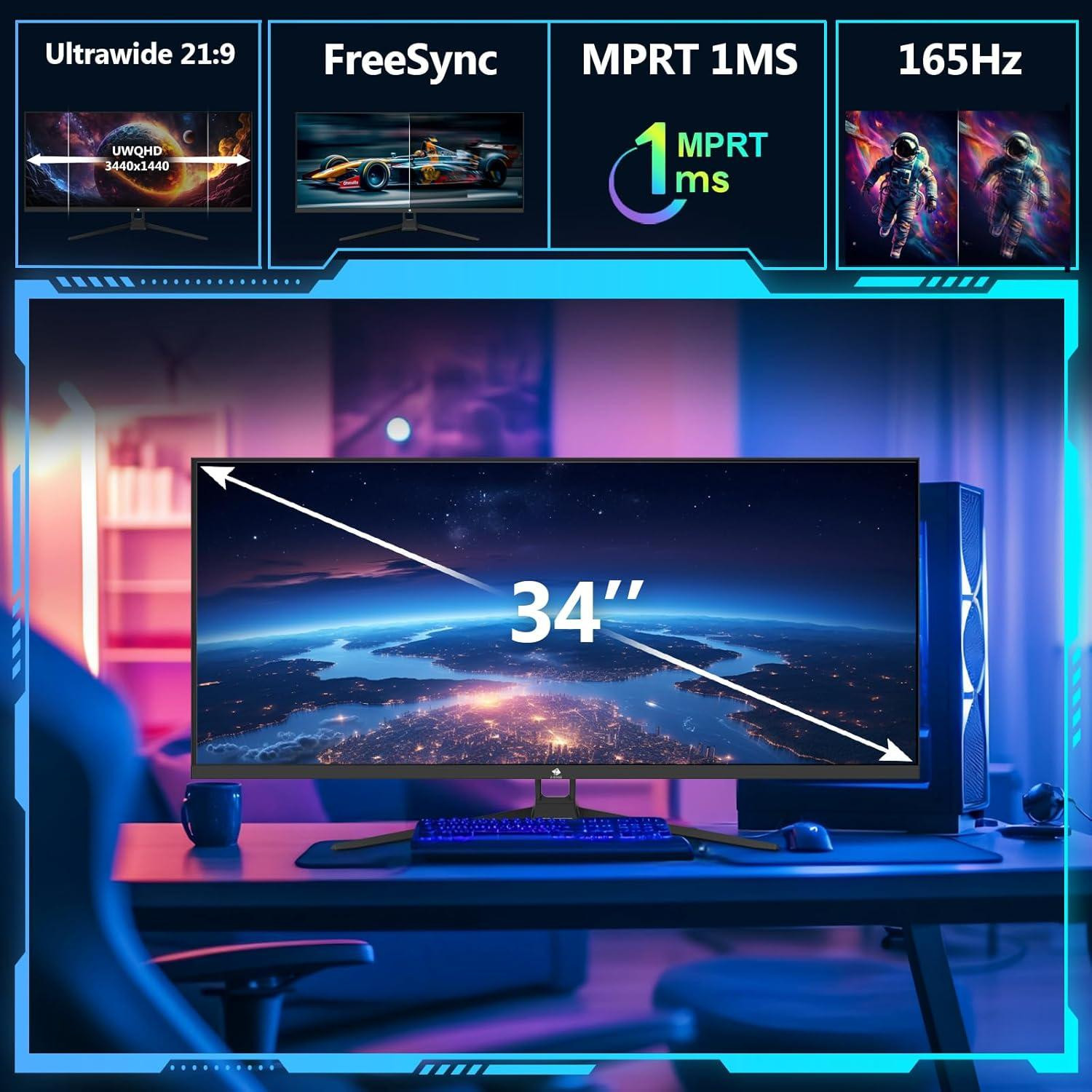 Selius Ultrawide Gaming Monitor 34 inch UWQHD 165Hz 1ms IPS - Gebogen Scherm met RGB