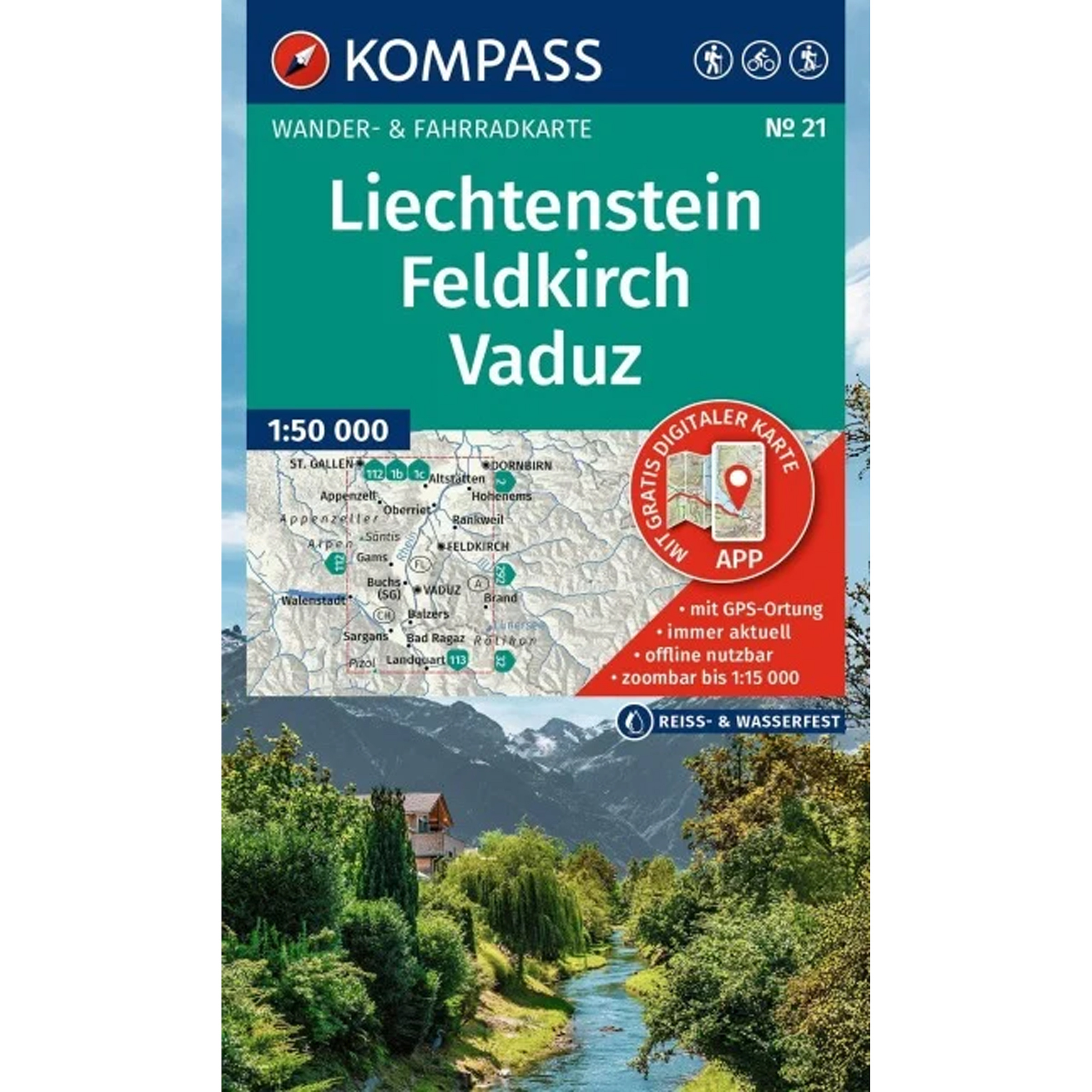 Kompass Verlag WK 21 Liechtenstein, Feldkirch, Vaduz Topografische Karten tuerkis