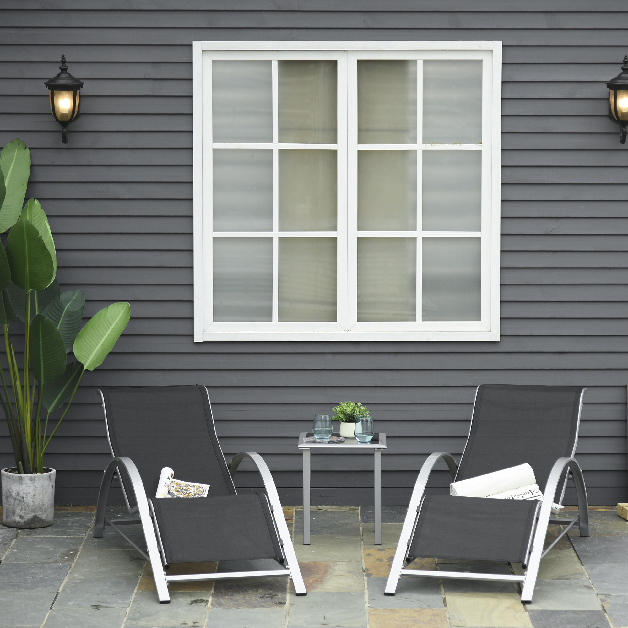 Outsunny Sdraio da Giardino Set 2 Lettino Prendisole con Tavolino con Vetro, Lettini Prendisole con Tessuto Traspirante 59x169x66cm, Nero Aosom