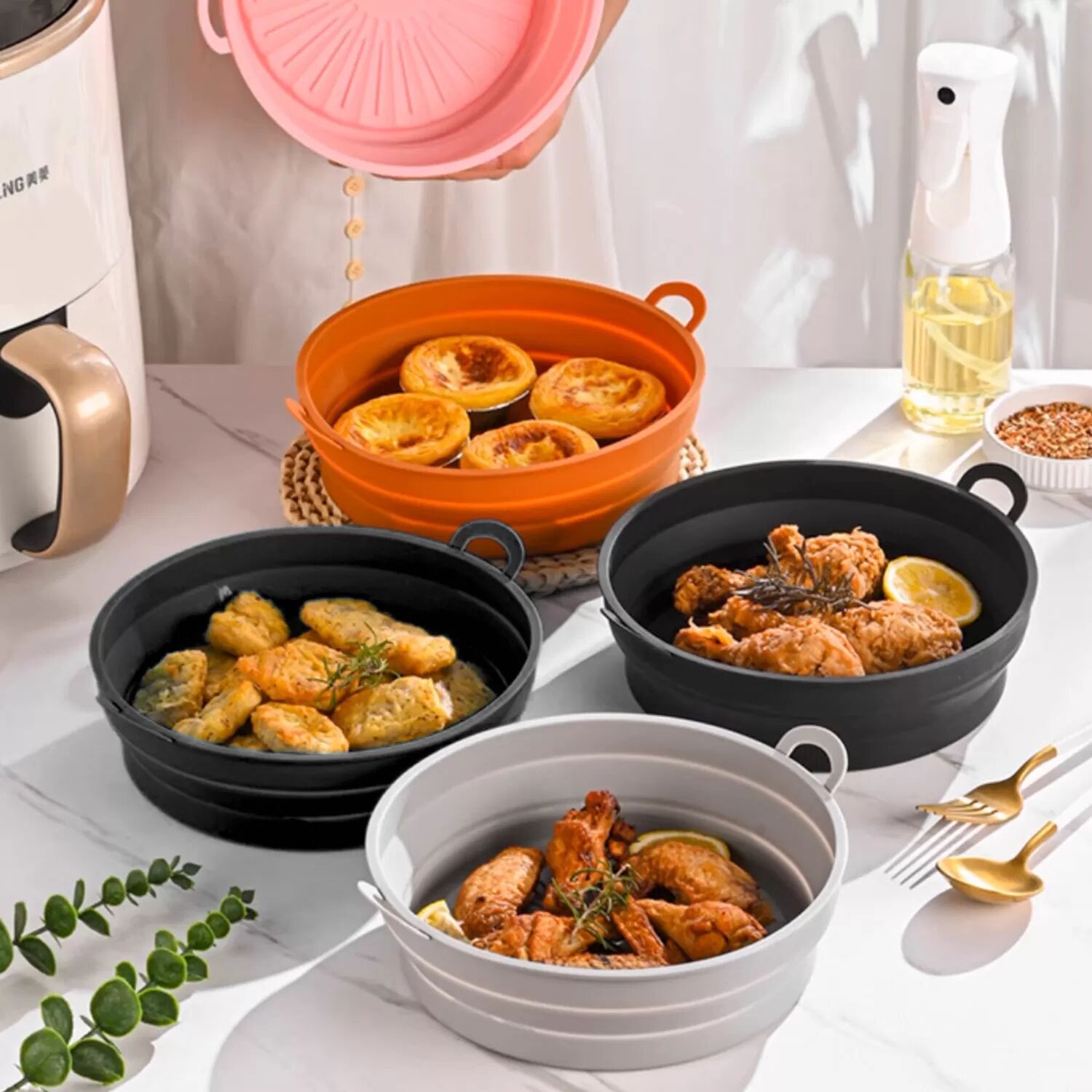 INF Bol rond pliable en silicone pour friteuse à air