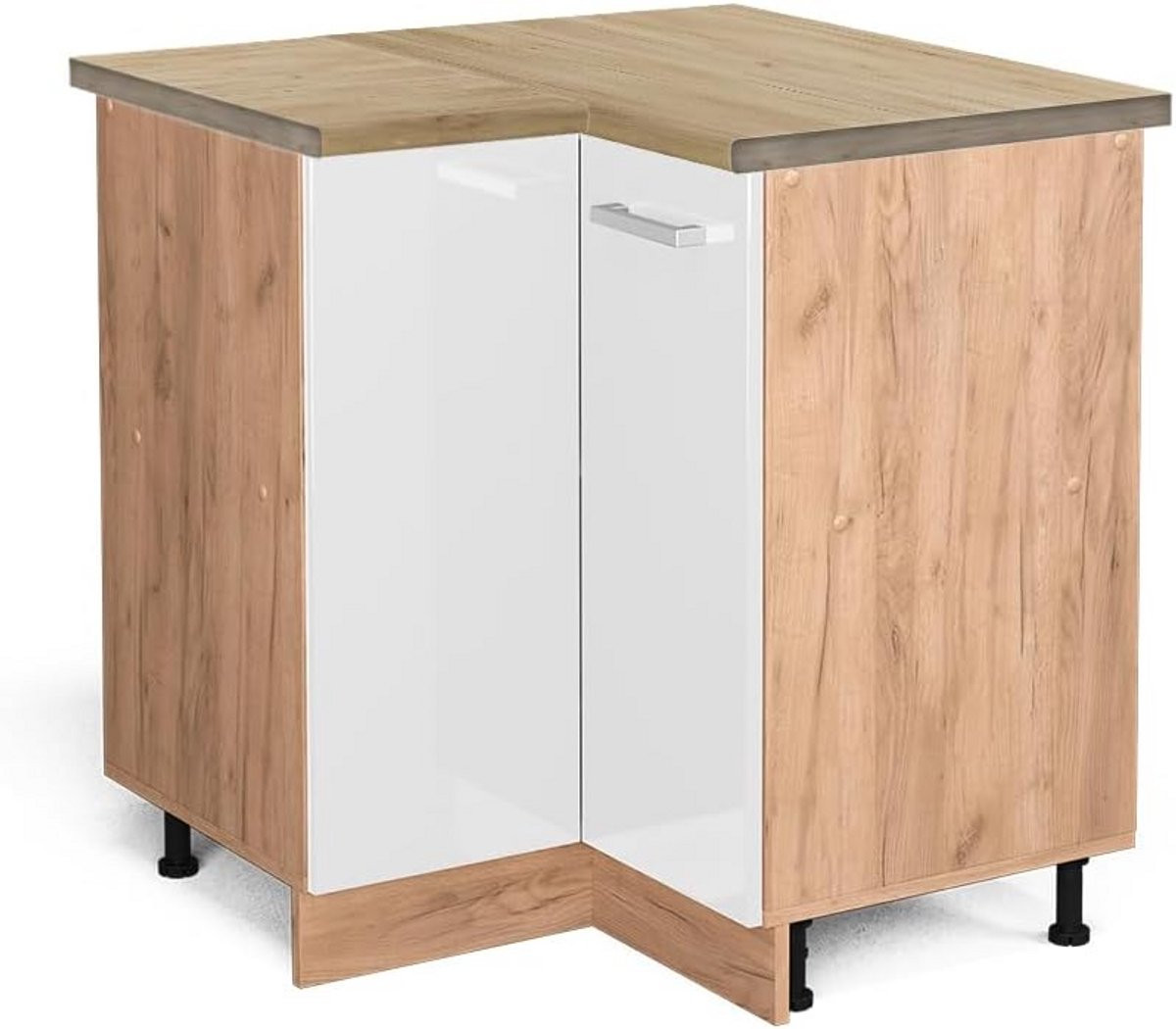 Wit hoogglans hoekkast voor de keuken met houtlook werkblad
