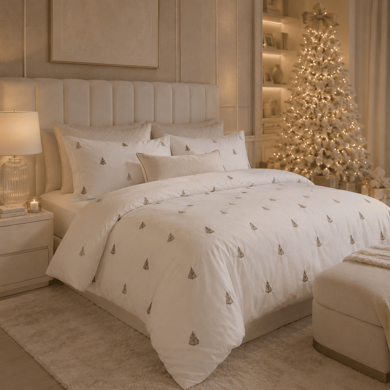 Neve White & Dark Green Christmas Trees Printed Duvet Set, Single