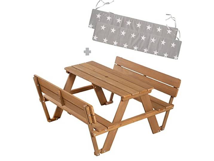 roba Kinder Outdoor+ Sitzgruppe „Picknick for 4“, Kindersitzgruppe aus Massivholz mit 4 Sitzplätzen, Rückenlehnen & Sitzkissen, wetterfest, Teak-Optik, ab 12 Monaten