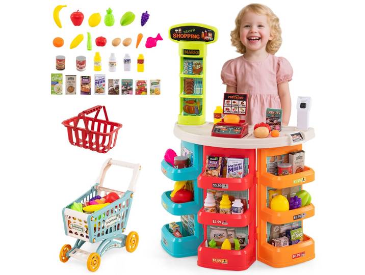 Supermarktspeelset voor Kinderen met Winkelwagen Weegschaal Scanner met Licht en Geluid Voedingsmiddelen en 29 Accessoires -Blauw