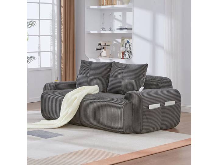 Canapé modulaire 2 places velours côtelé combinable emballage sous vide porte boisson poche latérale gris foncé