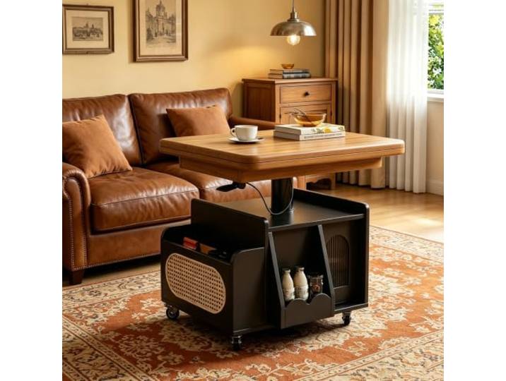 EBOYNSowAprr Höhenverstellbarer Couchtisch mit Stauraum & Rollen Lösung für kleine Räume, multifunktionaler rollbarer Holztisch(Two-tone)