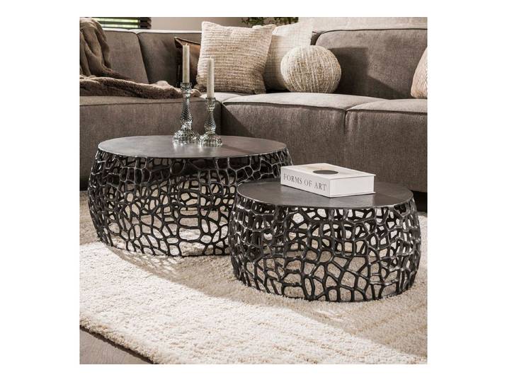 alesvelt Couchtisch Set LABIRINTO NERO runde Satztische mit Netzstruktur in Schwarznickel (2er-Set), 75x30cm, 55x25cm