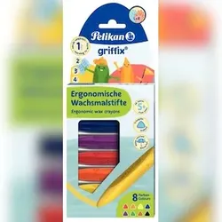Pelikan Wachsmalstifte griffix® W3/8, wasserfest, Ergonomische Dreikantform, 8 Stück in Karton-Etui.
