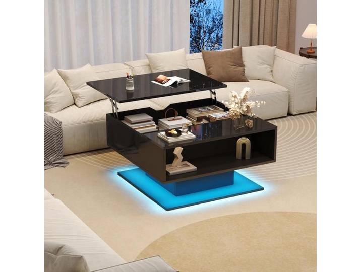 Table basse relevable 80x75x40cm Table d'appoint brillante moderne en bois avec bande LED rangement dissimulé - noir