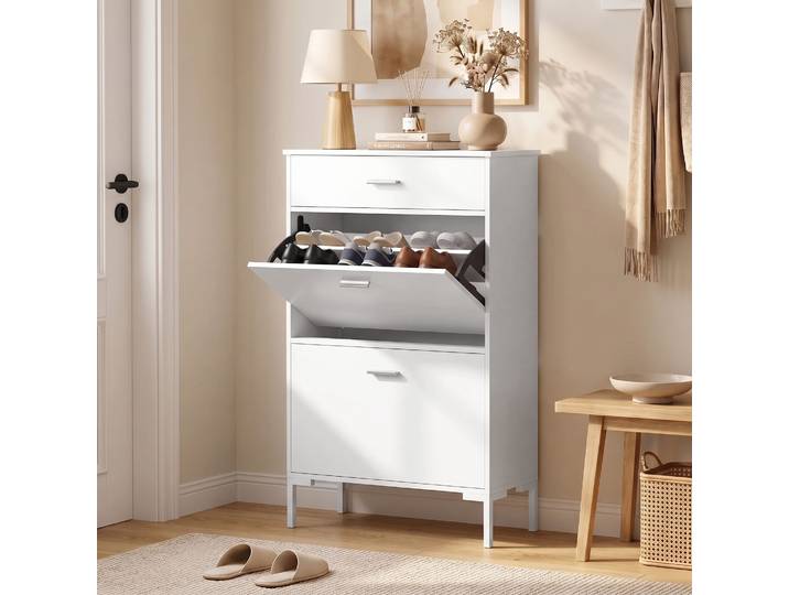 HOMCOM Meuble à Chaussures 12 Paires 2 Abattants Tiroir Blanc