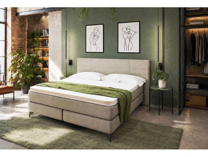 Boxspringbett Eutin mit feinem Webstoff und dezent gestepptem Kopfteil – 3%-Vorkasse-Rabatt