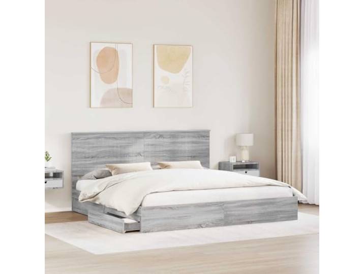 KTHLBRH Boxspringbett Grau Sonoma 200 x 200 cm Technisches Holz, integrierte Schubladen, Kopfteil im Lieferumfang enthalten, einfache Montage