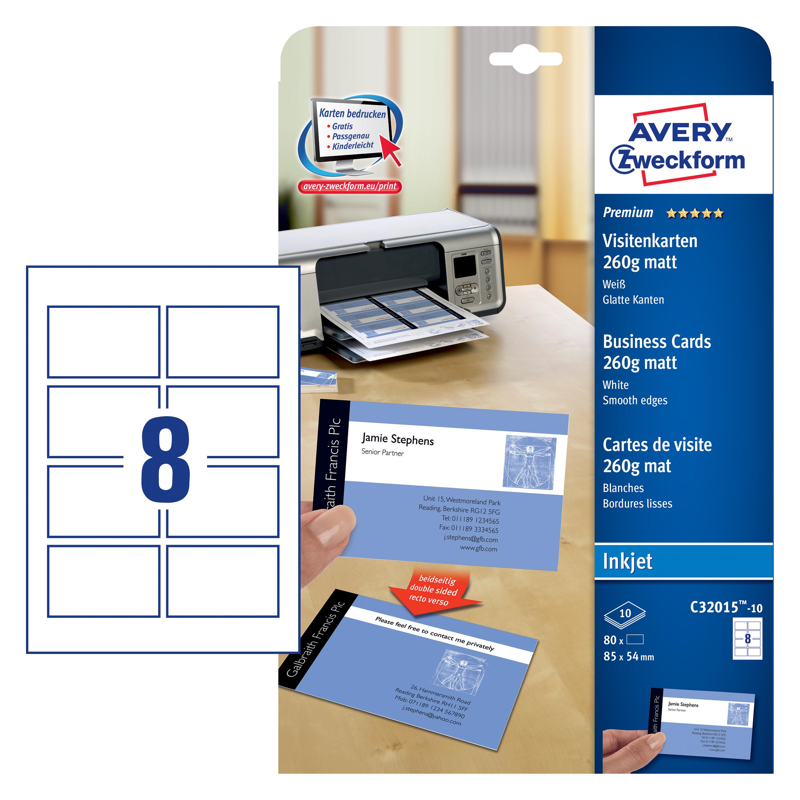 Avery Premium Visitenkarten, glatte Kanten, 85x54mm (A4, 10 Blätter, 260 g/m²) (C32015-10)