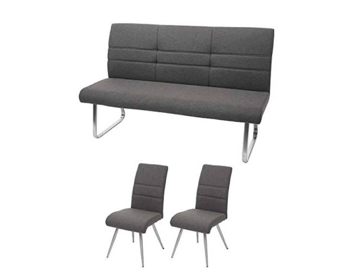 Mendler Set 2X Esszimmerstuhl+Sitzbank HWC-G55 - grau-braun Bank 160cm Küchenstuhl, Stuhl, Stoff/Textil, Edelstahl