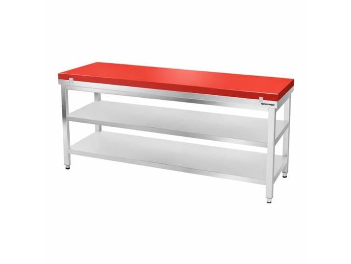 Table de travail en inox 1800x600 mm avec plaque de découpe rouge et 2 étagères PREMIUM - GOLDINOX