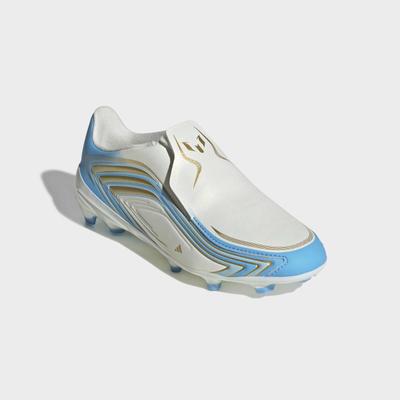 Fußballschuh ADIDAS PERFORMANCE "F50 MESSI LEAGUE KIDS, FESTE BÖDEN, OHNE SCHNÜRSENKEL", Herren, Gr. 38, blau (ivory, semi blau burst, icey blau), Synthetik, Schuhe Fußballschuh, Außensohle für Rasen und feste Böden