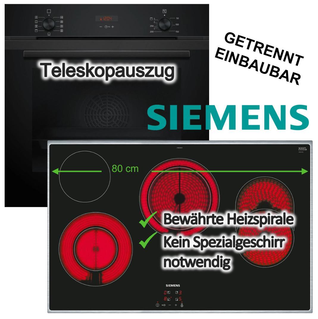 Herdset Siemens Backofen Hydrolyse 3D-Heißluft Schnellaufheizung + Elektrokochfeld 80cm Zweikreiszone Bräterzone