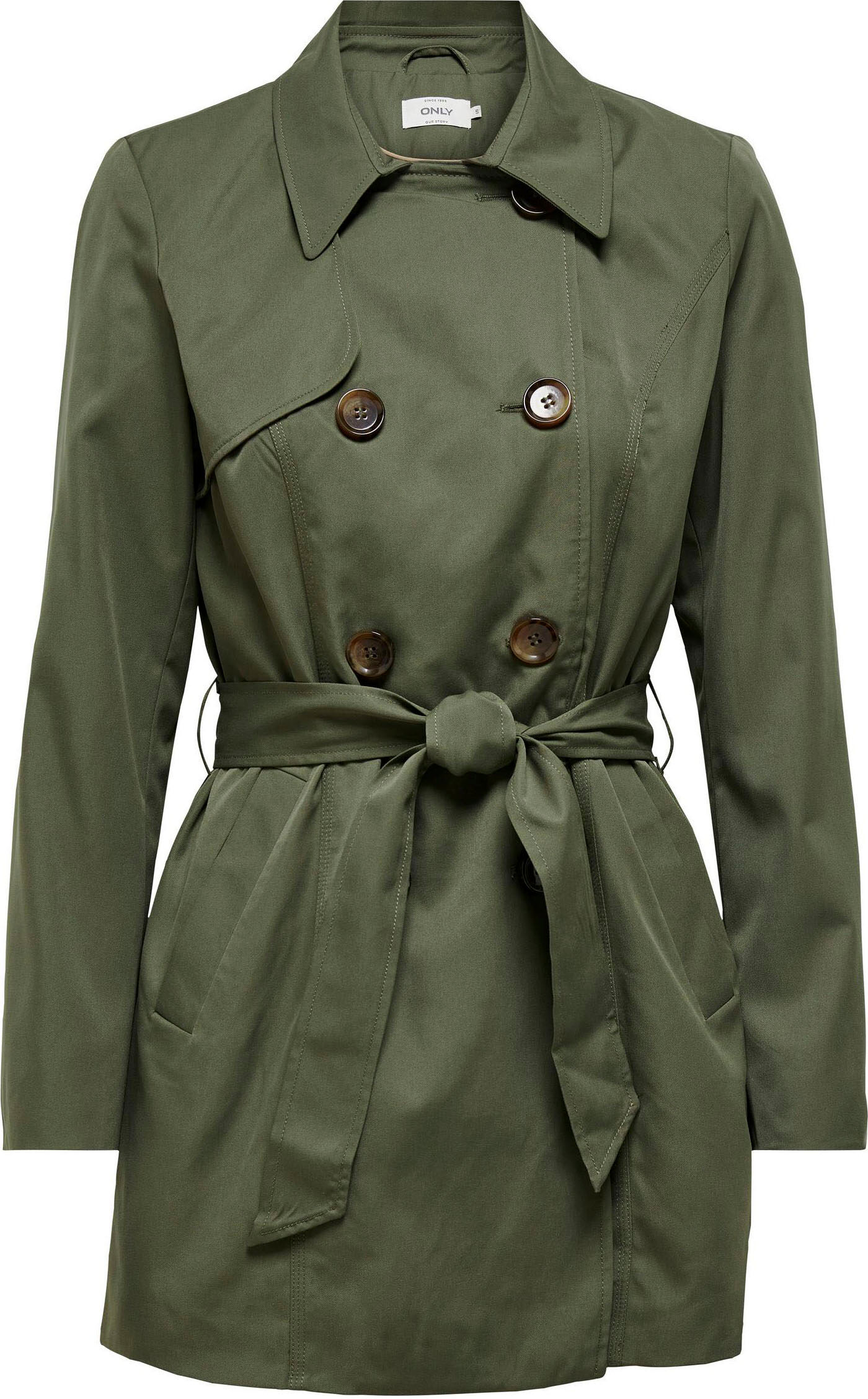 Trenchcoat ONLY "ONLVALERIE TRENCHCOAT OTW NOOS", Damen, Gr. XS, grün (grape leaf), Web, Obermaterial: 100% Polyester, unifarben, figurumspielend ca. Mitte Oberschenkel, Mäntel Trenchcoat grape leaf XS