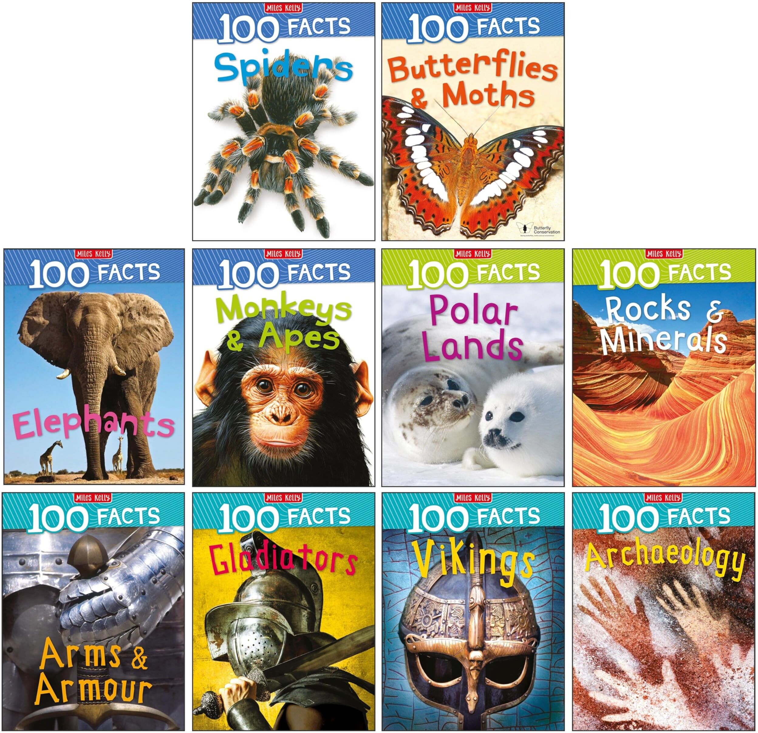 Miles Kelly Publishing 100 Facts Series 10 Books Collection Set (100 Facts: Spiders, Butterflies and Moths, Elephants, Monkeys and Apes, Polar Lands, Rocks and Minerals, Arm
