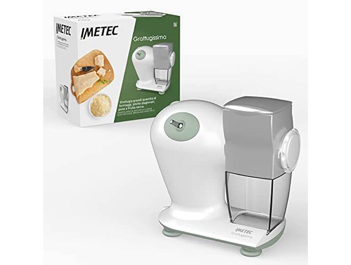 Imetec Grattugissima elektrische Reibe, Edelstahlwalze, Aluminiumtrichter, ausziehbarer Behälter mit Frischedeckel, Sicherheitssystem, 150 W
