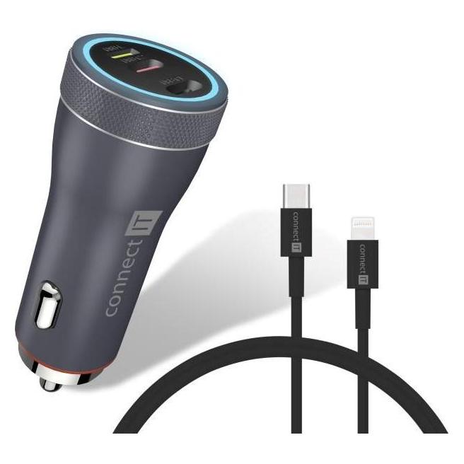Connect IT InCarz DUPLEX Autoladegerät grau / 27W / 2x USB-C / 1x Lightning (CCC-5020-AN)