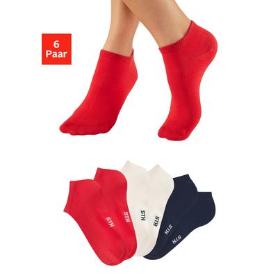 Sneakersocken H.I.S "Damen Sneaker Socken, Geringelte Knöchelsocken, Freizeitsocken", Damen, Gr. 35-38, rot (2x rot, 2x marine, 2x ecru), Baumwollmischung, unifarben, elastisch, Socken Sneakersocken, mit maritimen Design