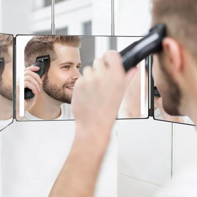 Fusion Finds LED 3 Way Haircut Mirror With Lights Adjustable Height Trifold Self Haircut Mirror For DIY Grooming black With Led