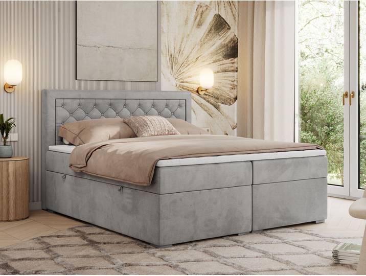 MKS MEBLE Boxspringbett 200x200 mit Bettkasten, Polsterbett 200x200 mit Matratze H3 Topper, Boxspringbett 200x200, Polsterbett 200x200, Bett 200x200 mit Kopfteil - Hellgrau Velvet - H3 - JASIR