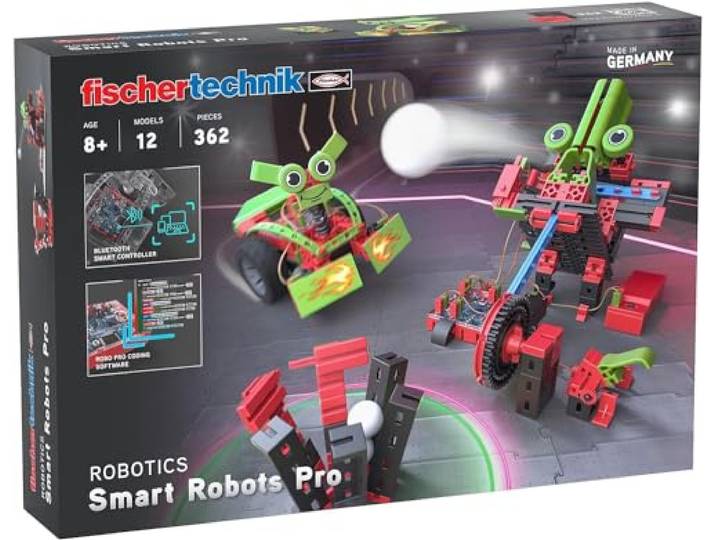 fischertechnik Smart Robots Pro Roboter-Bausatz ab 8 Jahren, 12 Modelle Programmierbares Lern- und Konstruktionsspielzeug 569021, mit BT-Smart Controller, XS Motoren, Tastern, Made in Germany
