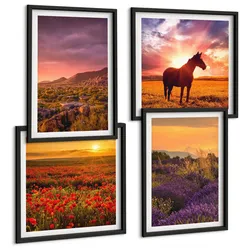 BILDER SET 4er Set - 50x50 cm & 40x60 cm Schwarzer Rahmen - Berglandschaft Rosslavendel