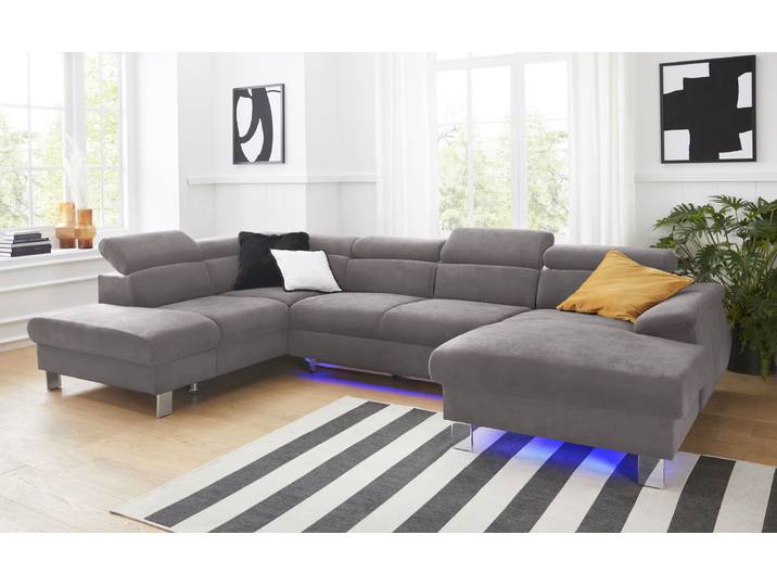 Wohnlandschaft, Microfaser PRIMABELLE, Grau, 320 cm, Mit Bettfunktion & RGB-LED-Beleuchtung, Cotta