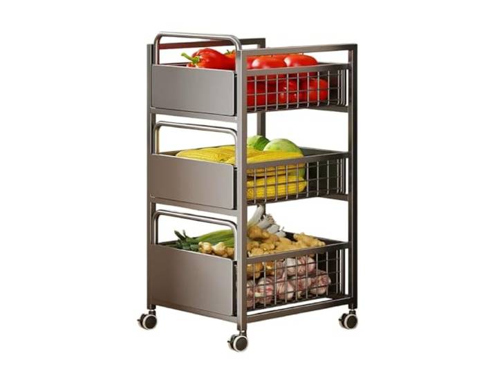 Rollbarer Küchen-Aufbewahrungswagen mit 3 Ebenen for Gemüse Couchtisch und Obstkorb-Organizer-Regal(Schwarz)