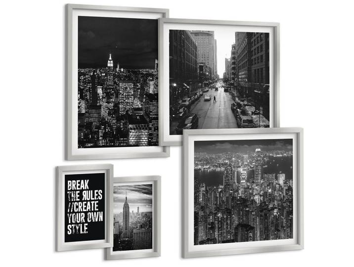 BILDER SET 5er Set - 50x50 cm & 20x30 cm & 40x60 cm Silberner Rahmen - Inspiration für Schwarz-Weiß-Darstellungen von Stadtstraßen