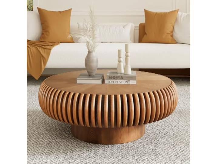 WUPDPQS Runder Geriffelter Couchtisch, Brown, 80cm Trommelförmig, Holzriffelung, Für Wohnzimmer, Mid-Century-Modern-Stil, Kaffetisch Für Kleine Räume