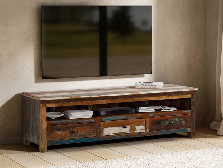 TV Board 170x50cm 'Hawkins' recyceltes Altholz mehrfarbig lackiert 3 Schubkästen