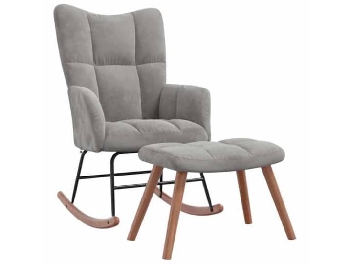 HFXHIJXQ Schaukelstuhl mit Hocker Samt Hellgrau Relaxsessel 2er Set Weicher Polstersessel mit Kautschukbaum Holzkufen und Fußablage für Schlafzimmer und Wohnzimmer.