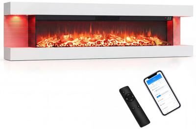 Costway 3-Sided White Wall Mount Electric WiFi Fireplace with Floating Mantel and 12 Flame Ambient-60 Inches