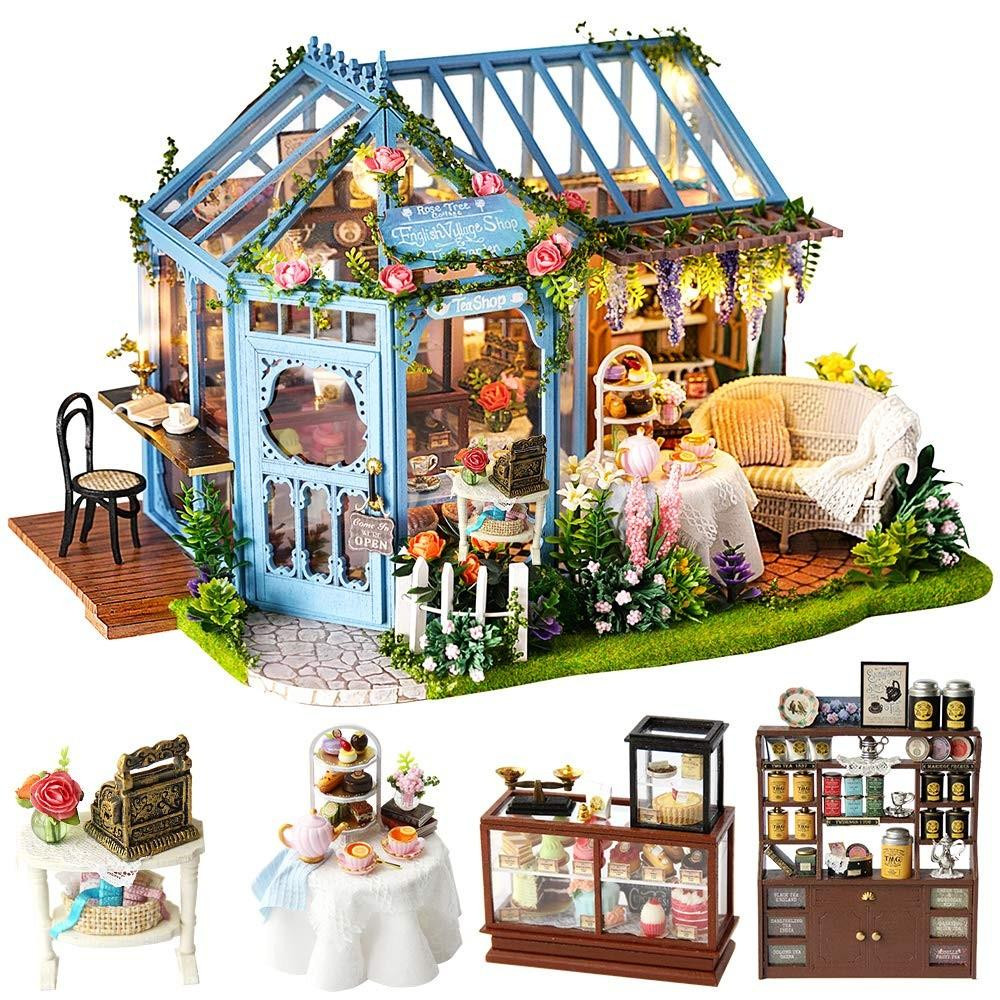 Zelfbouw miniatuur houten poppenhuis set met meubels