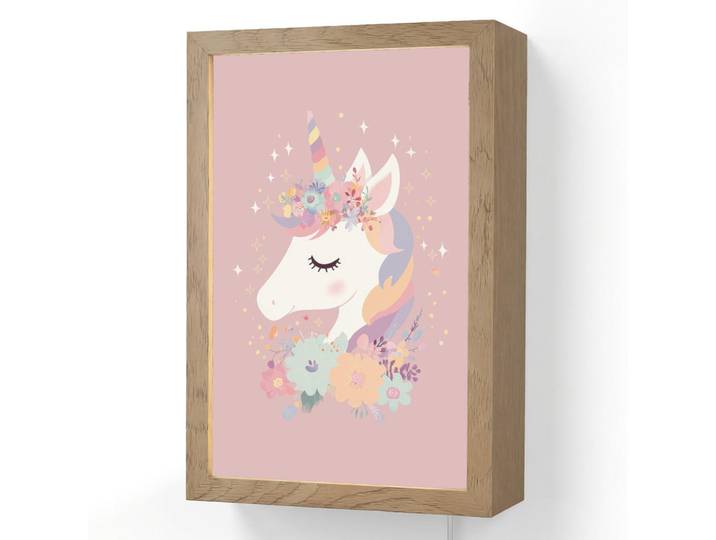 OnlyWow Wandleuchte - Einhorn - Rosa - Blumen - 20x30 cm, Holzwerkstoff, Rechteckig, LED integriert, 20x30x8 cm, Lampen & Leuchten, Innenbeleuchtung, Wandlampe