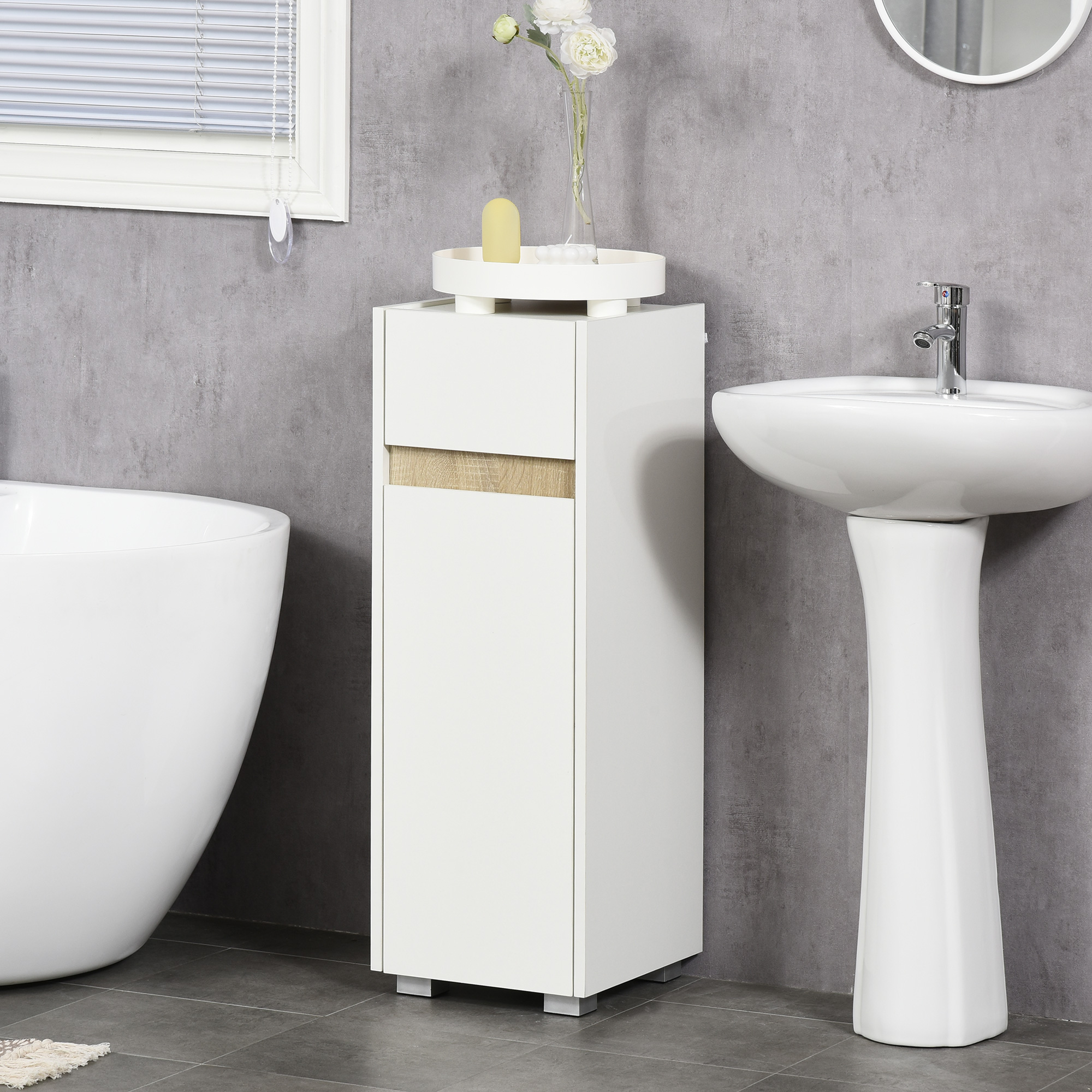 Kleankin Mobiletto Bagno Salvaspazio con Cassetto, Anta e Ripiano Interno Regolabile, in Legno, 30x33x88cm, Bianco   Aosom
