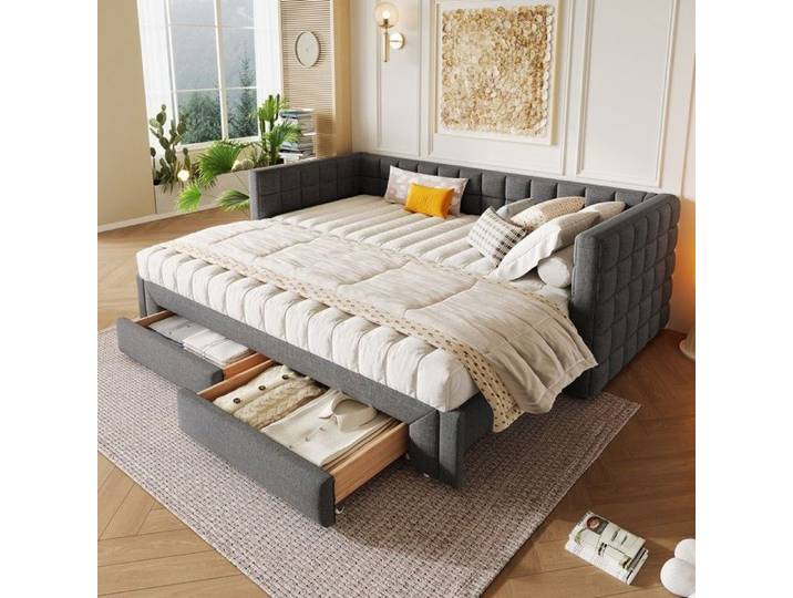 Canapé-lit convertible - PAGE Living - 90x200 cm - Velours gris - 2 tiroirs