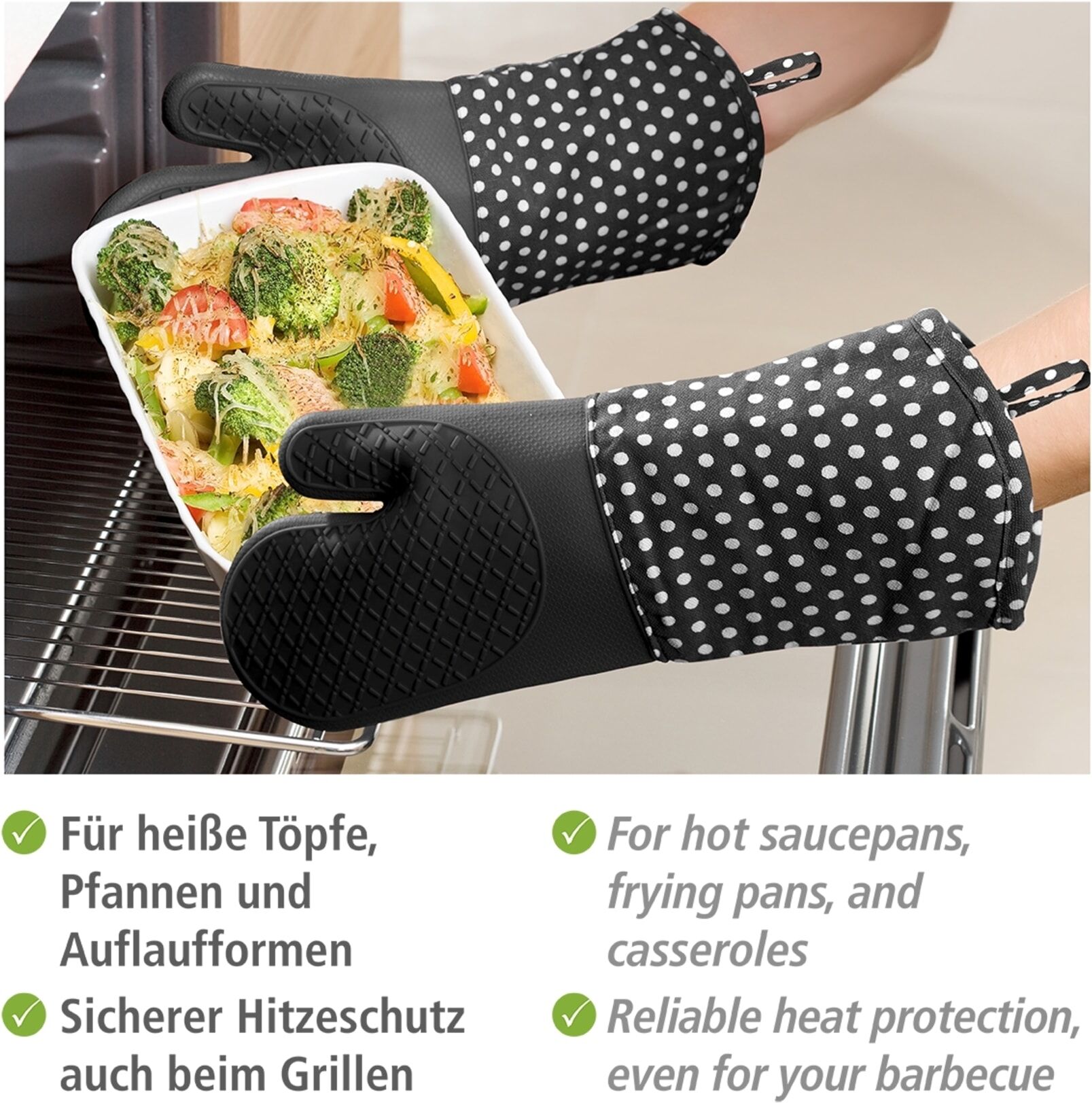 Topfhandschuhe WENKO "Modell Silikon", schwarz, Baumwolle, Silikon, Topflappen, Topfhandschuhe, Ofen- und Grillhandschuhe, Hitzeschutz, Baumwollinnenseite, 1 Paar