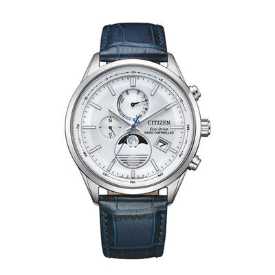Funkuhr CITIZEN "Funkuhren Mondphase", blau (blau, silberfarben, weiß), Armbanduhren, Herren, silberfarben, Funkuhr, Quarzuhr, Armbanduhr, Herrenuhr, Lederarmband, analog, Big Date, Tag