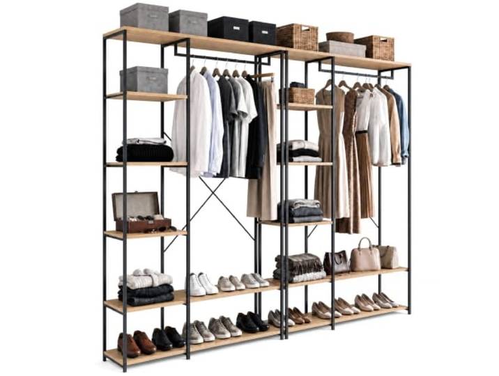 IDMarket - Dressing modulable double penderie DETROIT L.180 cm Design industriel\, bois et métal noir\, 2 modules multi position\, avec double penderies + 14 étagères