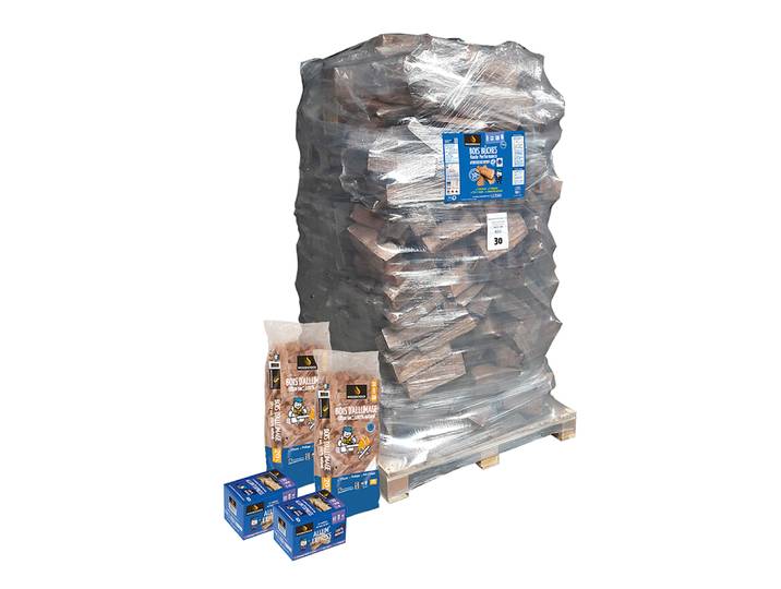 Pack WOODSTOCK Bois bûche 30cm ballot 2000 dm3 + 2 sacs bois d'allumage + 2 boîtes d'allum'express
