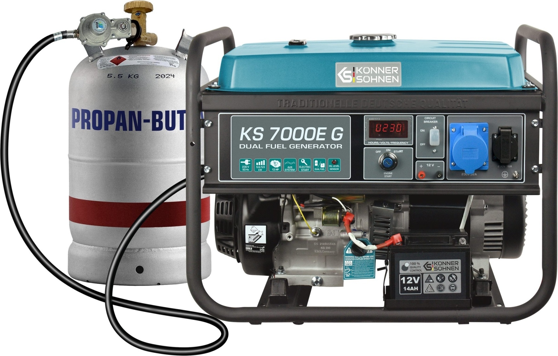 Könner & Söhnen KS 7000E G, 5000 W, 230 V, 25 l, Flüssiggas (LPG), Benzin, Manuell, 5,5 kVA