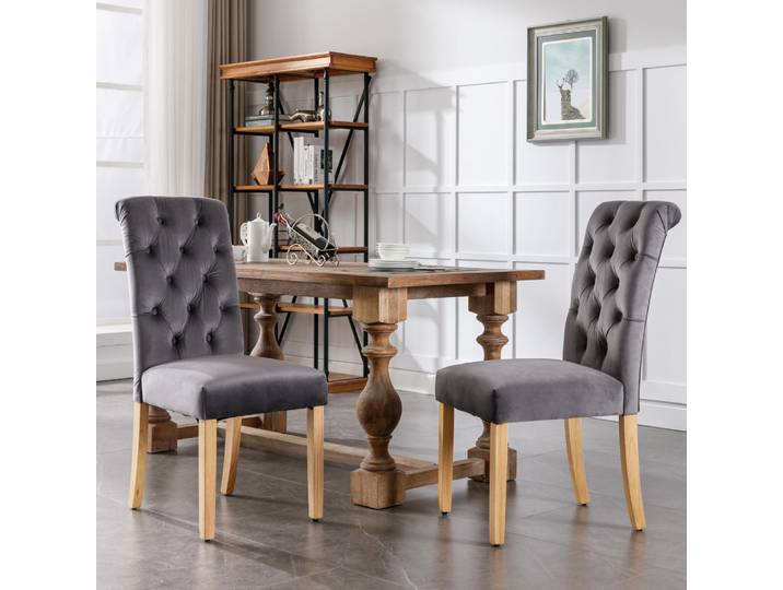 Ensemble de 2 chaises de salle à manger en velours avec pieds en chêne, bouton, clapet chromé, chaise de chambre à coucher, chaise de cuisine, salon, salon, loisirs